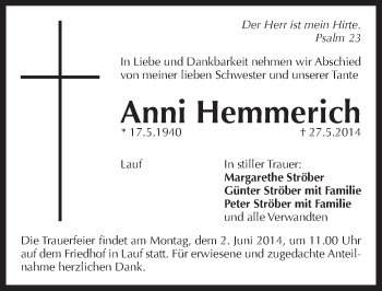 Traueranzeige von Anni Hemmerich von Pegnitz-Zeitung